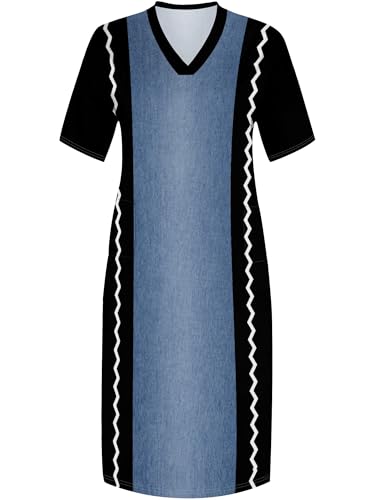 Image of SUZONANA Plus Size Denim Print Maxi Dresses for Women Casual V Neck Short Sleeve with Pockets Soft Jean Look Dress XL-6XL
