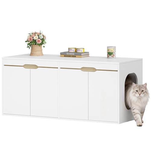 HEXCELEN Meuble Litiere Chat pour 2 Chats, 120cm Maison de Toilette Chat avec Entrée Latérale, Doubles Portes, pour Cacher la Plupart des Bacs à Litière pour Chats, pour Chat, Chêne Blanc et Blanc
