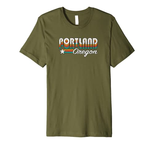 31VdrSOYAlL._SL500_ PORTLAND OR Retro Design In Rainbow Colors W. Vintage Detail Premium T-Shirt