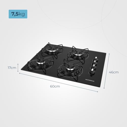 Cooktop a Gás, 4 Bocas, Mondial, Preto/Inox, Bivolt – CTG-01