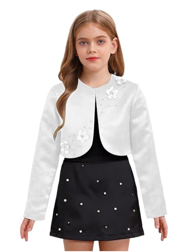 Choomomo Girls Elegant Satin Bolero Shrug Cropped Long Sleeve 3D Applique Open Front Cardigan Jacket3