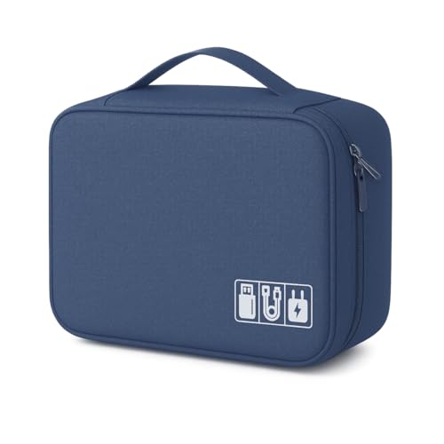 Nécessaire Organizadora Multifuncional Porta Fios Cabos Carregadores HD Fones Estojo Maquiagem Viagem Compacta Bolsa Case Alça de Mão (Azul Marinho)