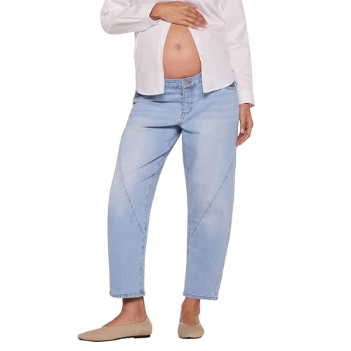 Motherhood Maternity Womens Under the Belly Elastic Waist Relaxed Barrel Leg Denim Pregnancy Jeans, Marsha Wash, Large