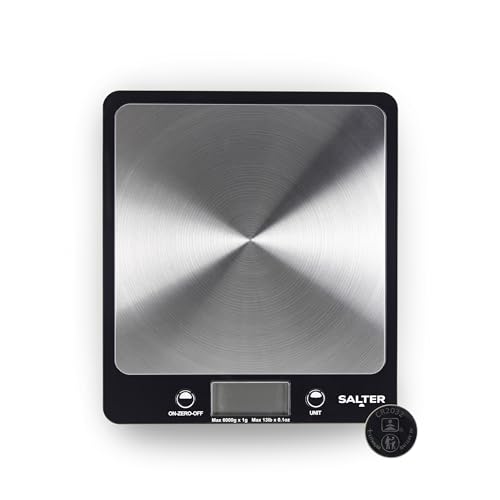 Salter Báscula Evo Digital De Cocina, Pesaje Electrónico, Fino, Hecho De Acero Inoxidable, Aparato Doméstico Con Pantalla LCD Y Función De "Añadir y Pesar" Mide Métrico o Imperia, Negro