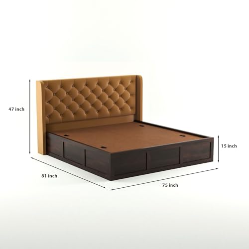 Image of Solid Sheesham Wood King Size Bed with Storage | Wooden Double Bed Cot Bed with Box Storage & Velvet Upholstered Cushioned Headboard for Bedroom (Walnut B, King)