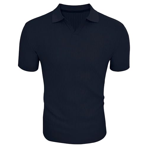Men Lapel V-Neck Classic Wrinkle Shirts Short Sleeve Slim Fit Polo Shirt Summer Vertical Striped Pullover Tops (Dark Blue,XX-Large)