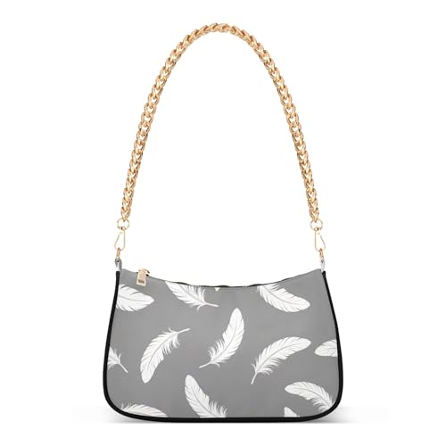 Zipper Retro Formal Purse Hobo White Feathers Gray Black Handbag Medium Women Ladies Shoulder Bag Floral with Chain Strap
