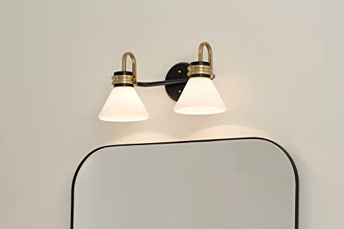 Image of Kichler Farum 2-Light Bathroom Vanity Light Fixture with Opal Glass in Black with Champagne Bronze Accents, Modern Damp Rated for Over Mirror (19.25 inch x 9.5 inch x 9.5 inch), 55154BK