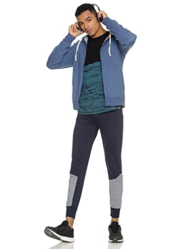 Image of CAHOOT Men's Dark Blue Zip-Front Hoodie with Contrast Drawstring for Casual Wear | Long Sleeve | Hooded Neck | Zipper Closure | Cotton Sweatshirt Crafted with Comfort Fit for Everyday Wear