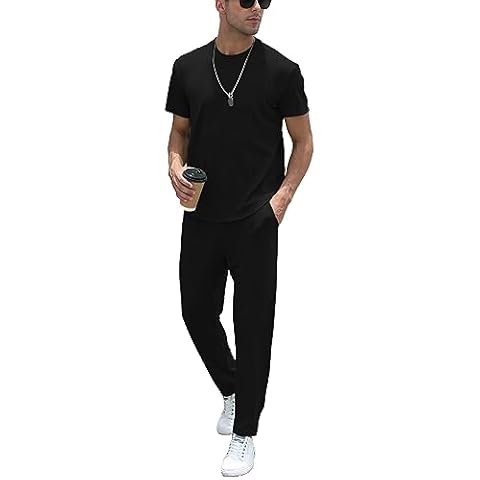 FZNHQL Stylish Men's Track Suit 2 Pieces Fashion Tracksuits Attire Outfits Sets Leisurewear Knit Shirt and Long Pants Sets Sweatsuits Black X-Large Cover