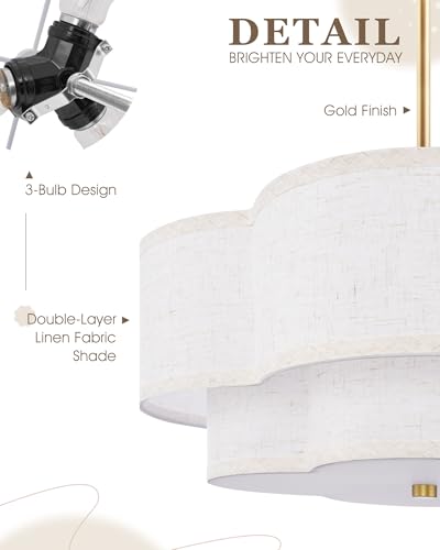 Image of 18 inch Chandelier, 3-Light Gold Pendant Light Fixtures with Dual Layer Linen Shade in Quatrefoil Shape, Double Drum Chandeliers for Dining Room Kitchen Living Room Bedroom, AD-22007-3P-GD-B