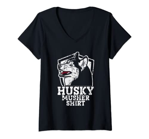 Mujer Traje Husky Musher | Perros de trineo Alaska | Mushing Camiseta Cuello V