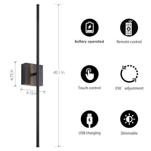 Image of KARTOOSH 40.1 Inch Wall Sconces Battery Operated for Living Room Black | Rechargeable Wireless Wall Lamp Set of 2, 3000K Warm White Dimmable Wall Light Remote Control Indoor Lighting for Bedroom