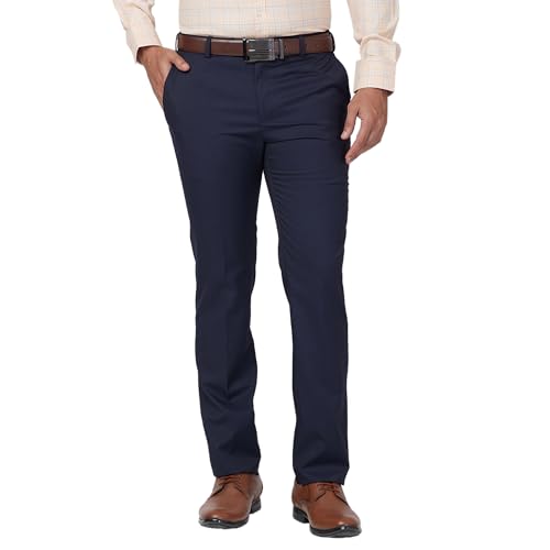 Image of Raymond Men's Stripe Pattern Slim Fit Poly Viscose Blend Flat Front Formal Trouser