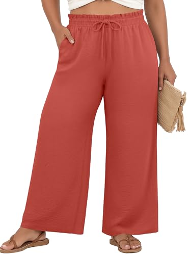 OLRIK Plus Size Pants for Curvy Women Long Causal Wide Leg Pants Work Business Dressy Pants Orange-3X