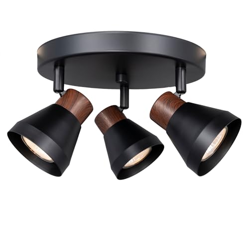 CRAFTRONOS 3-Light Modern Track Lighting Kit Black Faux Wood Accent,Adjustable GU10 Flush Mount Ceiling Fixture Pivot Multi-Directional Round Spotlight for Kitchen Bedroom Living Room Home Improvement