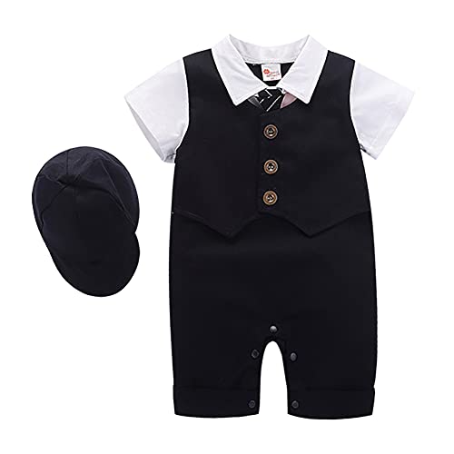 Idopip Baby Boy One-Piece Rompers Short Sleeve Jumpsuit Gentleman White Shirt Waistcoat Bowtie Tuxedo Formal Suit Infant Birthday Wedding Christening Outfit Clothes With Hat Black + Hat 6-9 Months cover
