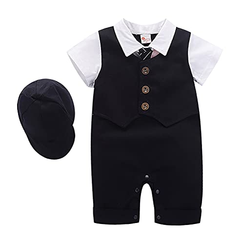 Baby Boy One-Piece Rompers Short Sleeve Jumpsuit Gentleman White Shirt Waistcoat Bowtie Tuxedo Onesie Formal Suit Infant Birthday Wedding Christening Outfit Clothes with Hat Black + Hat 12-18 Months