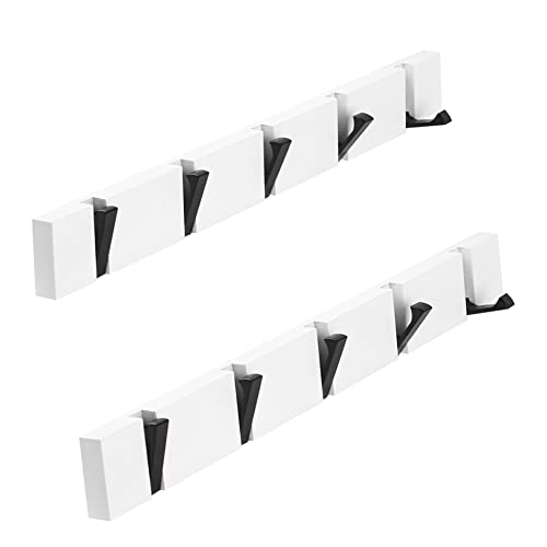 YunNasi Hakenleiste Holz Kleiderhaken Klappbar Garderobenleiste Wand Garderobenhaken mit 5 Faltbar Haken für Jacken Mäntel Schals Hüten Handtaschen(Weiß, 5 Haken-2xStück)