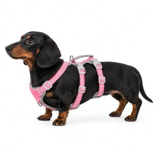 Image of Huntboo Escape Proof Dog Harness, Escape Artist Harness, Reflective Harness with Padded Handle, Breathable, Durable, Adjustable Vest for Medium Dogs Walking, Training, and Running Gear (Pink,S)