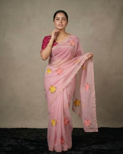 Image of Handcrafted Floral Embroidered Saree with Contrast Blouse