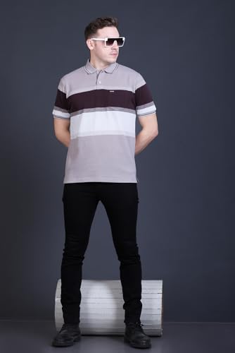 Image of GODFREY Striped Tshirt Shirts Men Cotton Polo T Shirt for Man with Pocket - Regular Fit Half Sleeve Collar T Shirts for Men