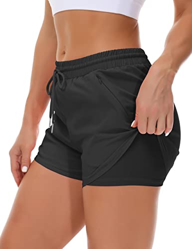 Women's Running Shorts with Liner 3 Zipper Pockets Elastic Workout Athletic Gym Yoga Shorts3