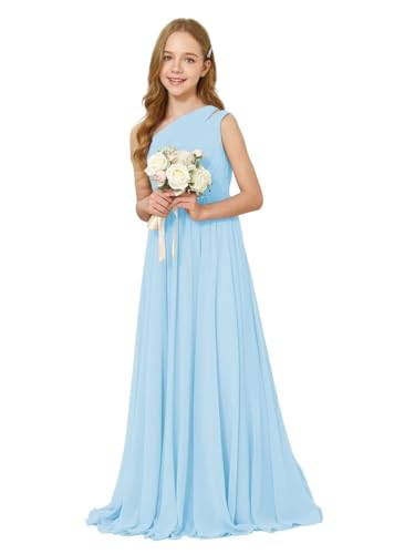 JISISANG One Shoulder Junior Girls Wedding Bridesmaid Maxi Flowy Dress for Junior Flower Girls Dresses Blue Solid A-line Long Dresses Teenagers Formal Evening Prom Ball Gown Blue Size 12
