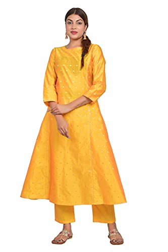 Image of Riara Art Silk Women Long Anarkali Kurti with Pant Polka Dot A-line Ladies Ethnic Wear Dress