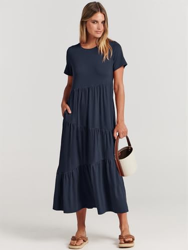 Image of ANRABESS Women Summer Maxi Dress Short Sleeve Swing Casual Asymmetric Tiered Vacation Long Beach Sundress Outfits Navy Blue Small