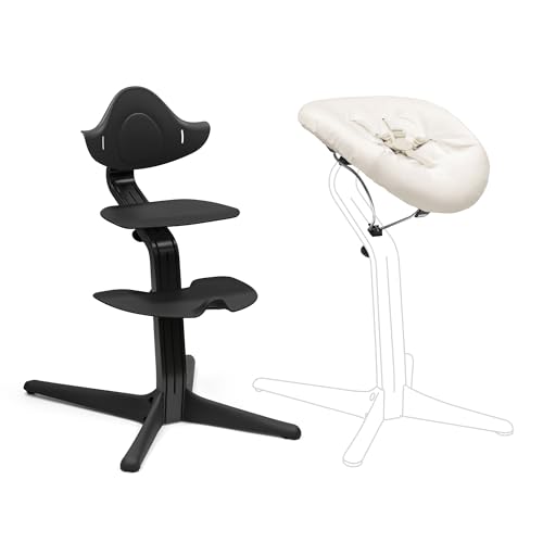 Stokke Nomi Chair (Black) with Newborn Set (Black/Grey Sand) - Includes 5-Point Safety Harness & Reversibile, Washable Textile Set - Holds Up to 150 kg