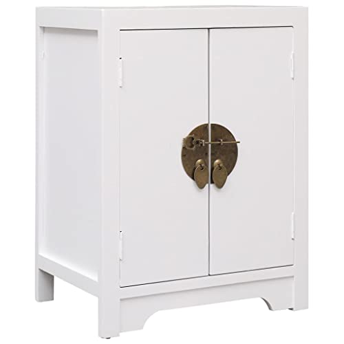 Kaloriko Table de Chevet Blanc en Bois de Paulownia 38 x 28 x 52 cm avec 2 Portes Style Asiatique, Meuble de Rangement pour Chambre Salon canapé, Design...