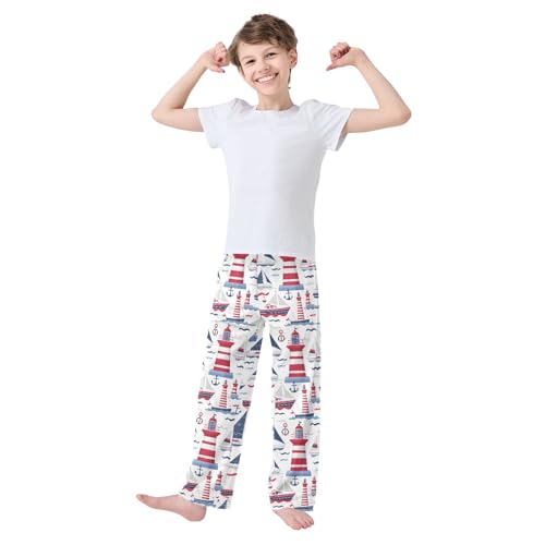 Lighthouse and Yacht Red Pajamas Bottoms with Pockets Comfy Pjs Sleepwear Elastic Waistband Pajamas Pants Lounge Pants for 6-14 Years2