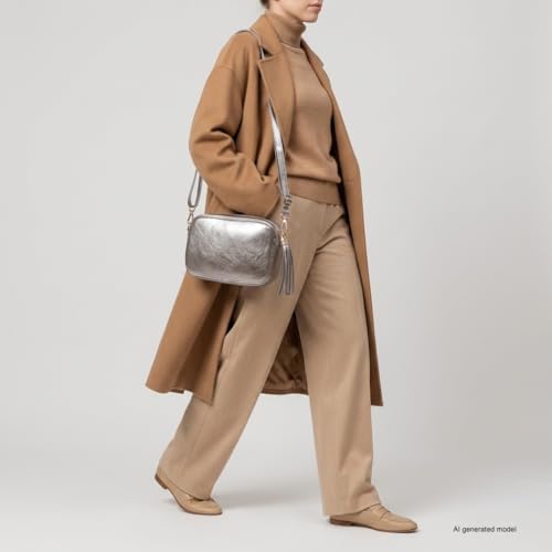 Image of Italian Genuine Metallic Suede Crossbody Bag for Women with Zipper | Small Leather Camera Purse Shoulder Handbag Pocketbook