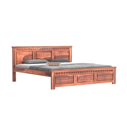 Image of Kuber Sheesham Wood King Size Bed Without Storage (81x74 Inch) | Wooden Double Bed Cot for Bedroom Furniture | Modern Palang Design for Home & Hotels | Honey Finish
