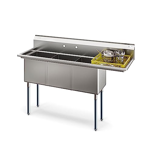 Image of KoolMore 63 in. Three Compartment 18-Gauge Stainless-Steel NSF Commercial Kitchen Sink, Bowl Size 15x15x14, with Three Basins and Pre-Drilled Faucet Holes for Restaurants and Cafes (KM-SC151514-15R3)