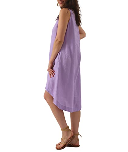 Image of Amazhiyu Women's 100% Linen High Low Midi Dress with Pocket | Summer Casual Flowy Dresses, Sleeveless Crewneck Dresses, Solid Color