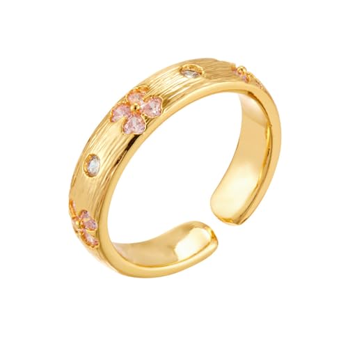 Kokoma Pink Crystal Cherry Blossom Ring Gold Plated Open Band Cubic Zirconia Statement Ring Wedding Promise Rings Fashion Jewelry for Women