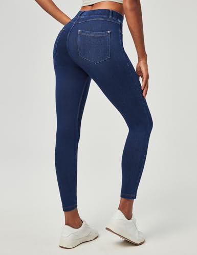 IUGA Jeggings for Women Tummy Control Stretchy Jeans for Women High Waisted Pull on Skinny Jean Leggings with Pockets Trendy, Hand-Distressed Dark Blue