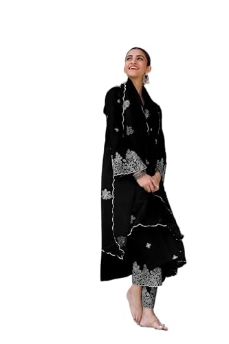 Image of Royal Export Women's Viscose Silk Floral Embroidered Straight Kurta Pant with Dupatta