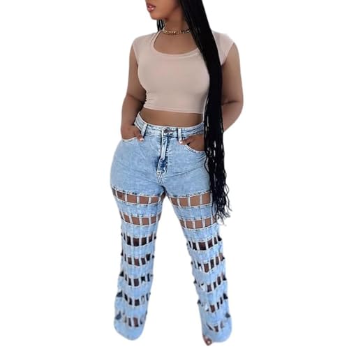 Hollow Out Jeans Women High Waisted Straight Wide Leg Trendy Cutout Ripped Party Denim Pants