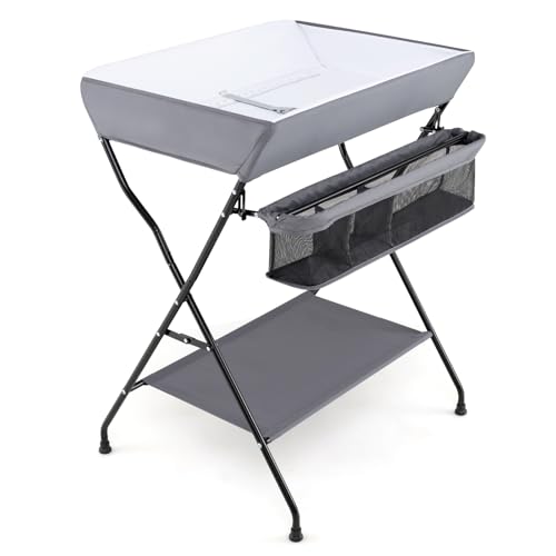 Image of HONEY JOY Changing Table, Folding Nursery Organizer with Open Shelf & Safety Belt, Portable Diaper Changing Station for Newborn (Gray, Basic)