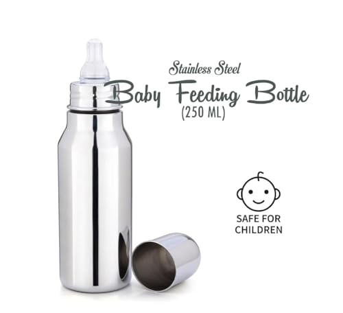 Image of Stainless Steel 304 Grade Baby Feeding Bottle and Cleaning Brush Set | Steel Soft Silicone for Newborns, Infants, Toddlers, and Kids of 6 Months to 2 Years | Silver | 250ml | Pack of 1
