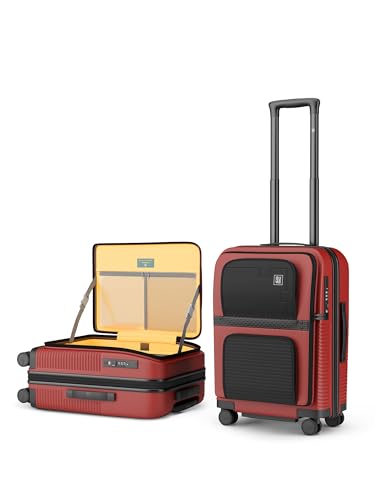 Image of EUME Aerotop Cabin Trolley Bag Small | Top Open Suitcase | Expandable Hard Polycarbonate Luggage | TSA Lock, Anti Theft Zipper, Silent Wheels | 16 inch inch Laptop Holder + Charging Port | 50L Red