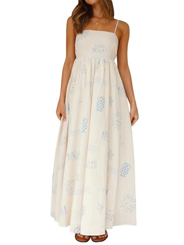 vewoza - Maxi abito estivo da donna, stile bohémien, prendisole con stampa carina, linea ad A, per feste, con spalline sottili, H-blu, M