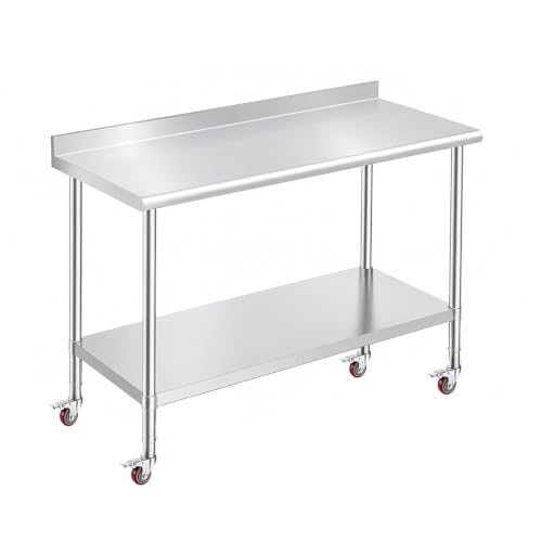Image of OSTBA Stainless Steel Table for Prep & Work 30x48 Inches with Casters Wheels and Backsplash, NSF Metal Commercial Heavy Duty Table with Adjustable Undershelf for Restaurant Kitchen Home and Hotel
