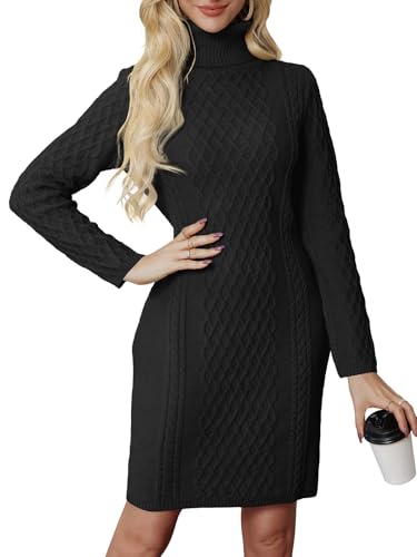Image of Women's Turtleneck Sweater Cable Knit Long Sleeve Sexy Pullover Tunic Mini Bodycon Sweater Dress Trendy Outfits