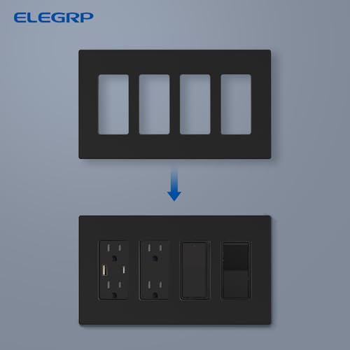 Image of ELEGRP 4-Gang Screwless Decorative Wall Plates, Mid-Size Unbreakable Thermoplastic Faceplate Cover for Decorator Receptacle Outlet Switch, UL Listed (2 Pack, Matte Black)