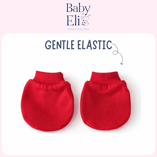 Image of Baby Eli Cotton Newborn Mittens (Picot Wrist) Set of 6 for Baby Boys & Girls 0-6 Months | Soft and Cozy Unisex Infant Gloves | Assorted Baby Hand Gloves | Adjustable Scratch Protection