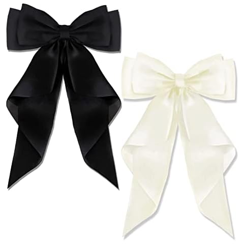 AYNKH 2 PCS Big Bow Hair Clips with Long Silky Satin, Solid Color French Barrette Simple Hair Fastener Accessories for Women Girls Cover